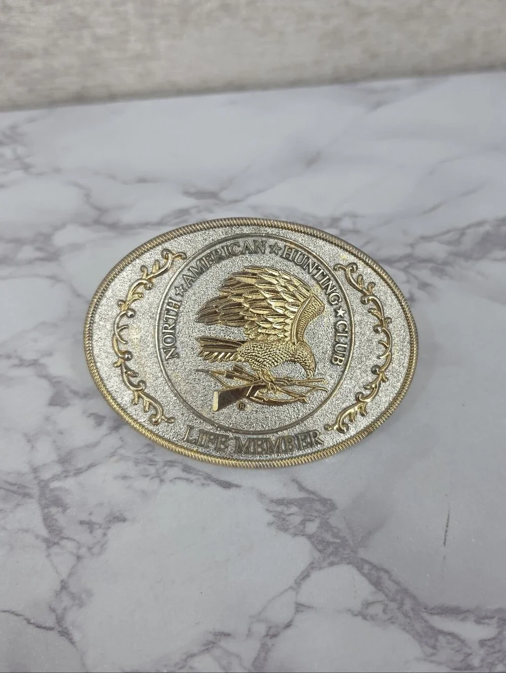 Vintage North American Hunting Club Life Member Oval Belt Buckle Gold Silver